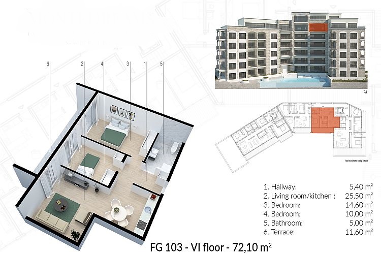 Двухкомнатная квартира в новом комплексе у моря в Бечичи, Черногория